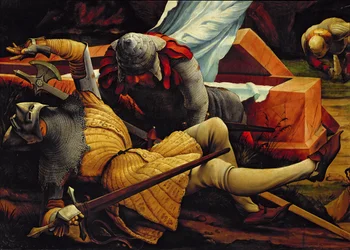 Soldados a guardar o túmulo de Cristo na Ressurreição, pormenor do Retábulo de Isenheim, c. 1512-16